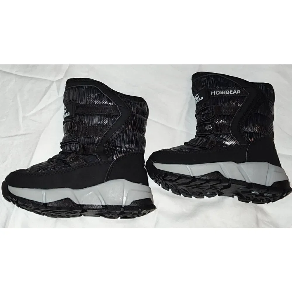 New HOBIBEAR BOY/GIRL SNOW BOOTS BLACK/GRAY CAMOUFLAGE FAUX FUR LINED US SIZE 9.